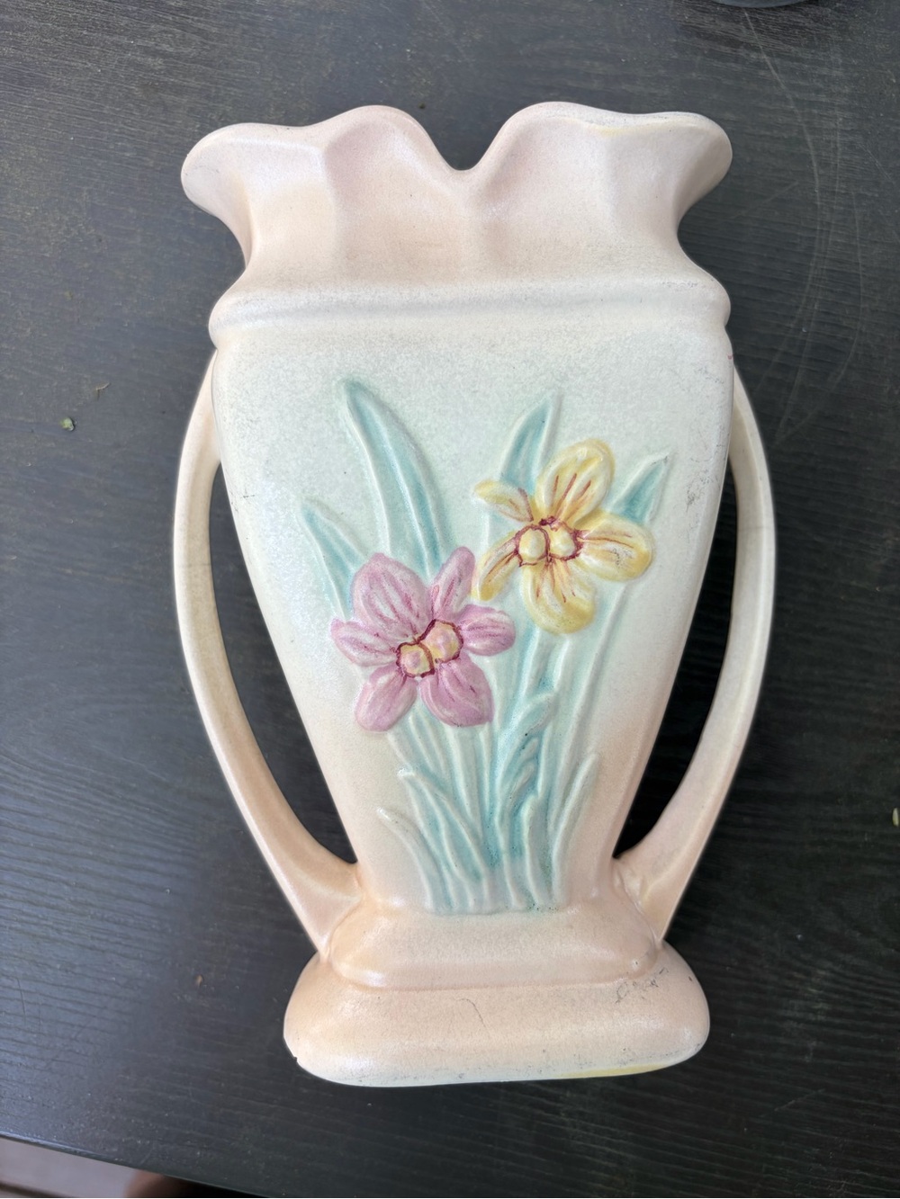 Vintage Collectible Ceramic Original Hull U.S.A. Iris Vase With Side Handles 405